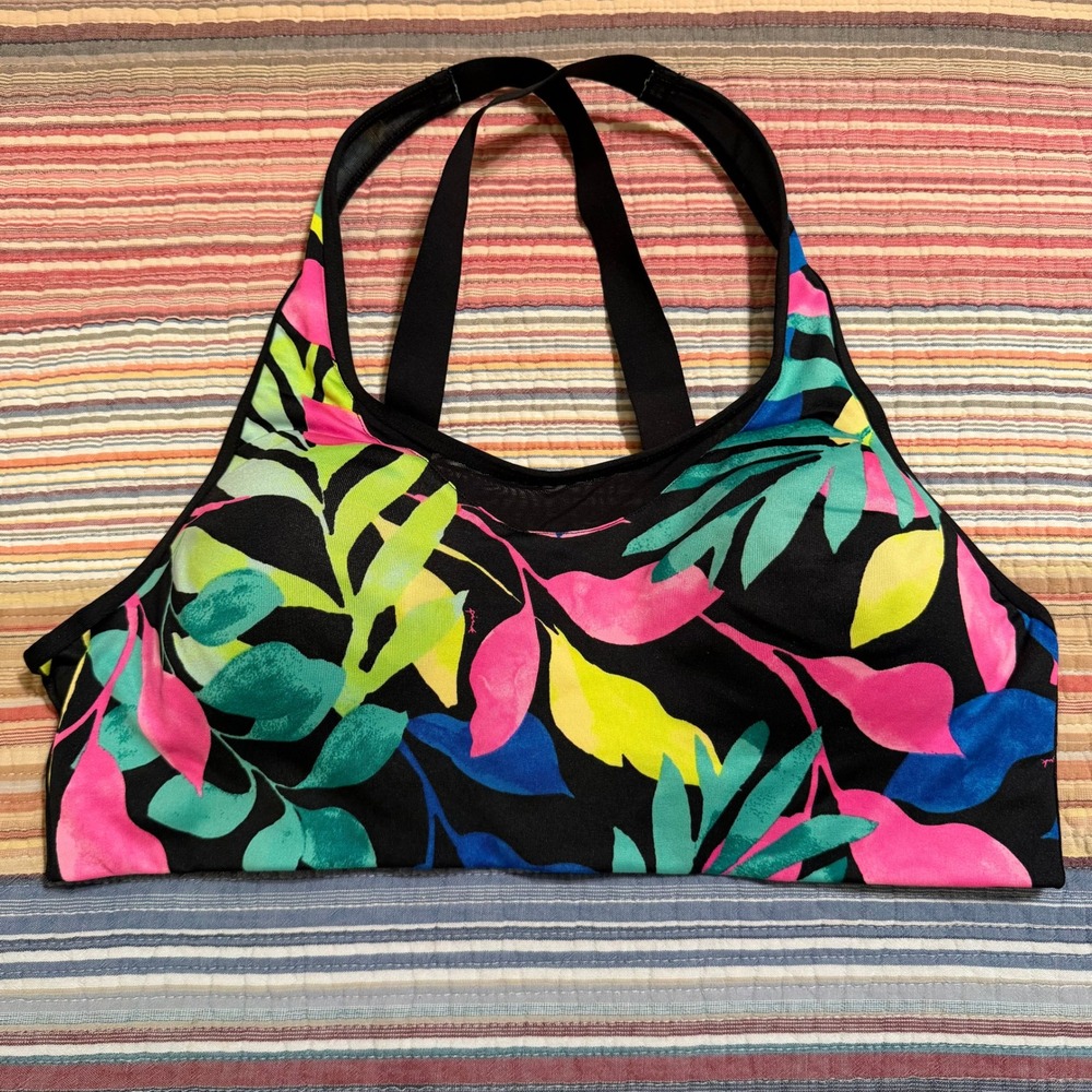 Pink Active Victorias Secret Tropical Leaf Sports Bra XL Neon Multicolor Black